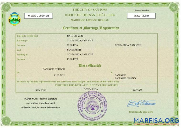 Realistic Costa Rica marriage certificate Word and PDF template